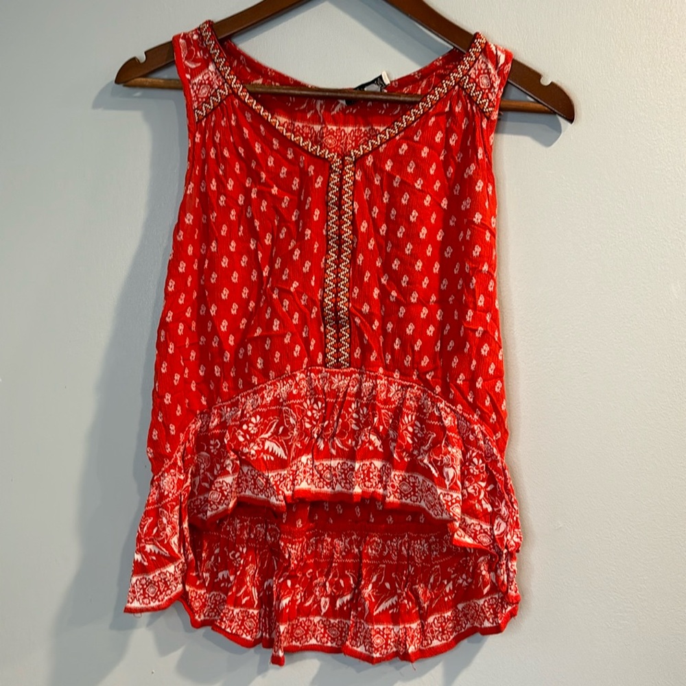 PATRONS OF PEACE BRAND FLOWY TANK TOP, SIZE: S, COLOR: RED AND WHITE